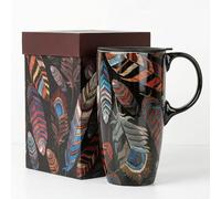 Topadorn 17oz Large Ceramic Travel Mug with Lid & Gift Box, Feather Print