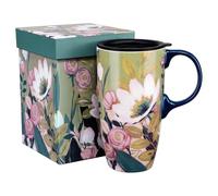 Topadorn 17oz Watercolour Floral Ceramic Travel Coffee Mug with Lid