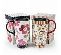 Topadorn 2 Pack Ceramic Travel Cup with Lid 17oz, Floral & Woodland Mug Set