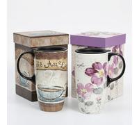 Topadorn 2 Pack Ceramic Travel Mug with Lid 17oz - Microwave & Dishwasher Safe, Spill-Resistant for Coffee Tea Hot Chocolate - Flowers