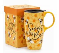 Topadorn Bumble Bee Ceramic Travel Mug with Lid, 17oz Coffee Mug with Handle, Microwave & Dishwasher Safe, Gift Box Included, Nature Lover Gift