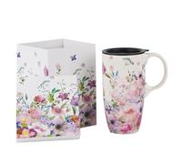 Topadorn Ceramic Coffee Mug for Home & Office, 17oz. Porcelain Latte Travel Cup with Lid and Color Box, Pink Flower Art Tea Mug with Handle, 6.5" H, Father's Day Gift
