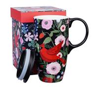 Topadorn Ceramic Coffee Mug, Porcelain Latte Travel Cup with Lid and Handle, Large Coffee Mug for Men Women Office Work, Red Cardinal Birds-17oz