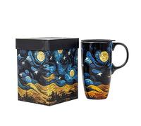 Topadorn Ceramic Coffee Mug Travel Cup Gift with Lid 17oz, Porcelain Tall Tea Cup with Handle for Home & Office, Starry Night Art Pattern Mug in Gift Box, 6.5''H