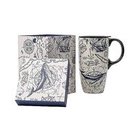 Topadorn Ceramic Coffee Mug Travel Cup Gift with Lid 17oz, Porcelain Tall Tea Cup with Handle for Home & Office, Ocean Art Pattern Mug in Gift Box, 6.5''H