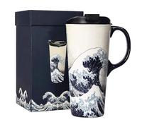 Topadorn Ceramic Coffee Mug with Lid and Handle Ceramic Travel Mug Porcelain Latte Teacup in Color Box 17 Oz, Splash Resistant Lid - To Go Tumbler for Car Cup Holder, Wave Art Mug