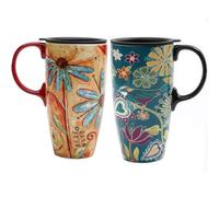 Topadorn Ceramic Mug Tall Coffee Cup with Lid Latte Mug with Handle for Home and Office 17oz. Set of 2