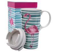 Topadorn Ceramic Travel Coffee Cup with Lid Ceramic Mug with Gift Box, Unique Coffee Mug for Latte & Hot Chocolate, Holiday Office Gift Her Him, Flamingo