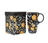 Topadorn Ceramic Travel Coffee Mug with Splash-Resistant Slider Lid, Office Gift for Coffee Lovers, Dishwasher Safe, Black & Yellow Flowers