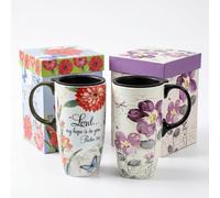 Topadorn Ceramic Travel Mug 17oz 2 Pack with Lid and Gift Box, Floral Print