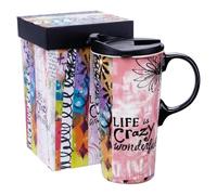 Topadorn Ceramic Travel Mug 17oz - Reusable Coffee Tea Cup with Sealed Lid and Handle - Microwave & Dishwasher Safe for Commute Office Home - Pink