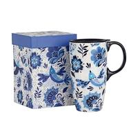 Topadorn Ceramic Travel Mug 17oz, Reusable Coffee Tea Cup with Sealed Lid and Handle, Microwave Safe for Commute Office Home(Bird)