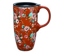 Topadorn Ceramic Travel Mug 17oz with Lid & Gift Box, Burnt Orange Floral