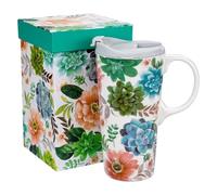 Topadorn Ceramic Travel Mug 17oz with Lid & Gift Box, Succulent Botanical