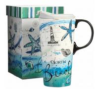 Topadorn Ceramic Travel Mug Coffee Cup with Lid, 17oz / 500ml Nautical Beach Map & Lighthouse Print, Matching Gift Box - Suitable for Home, Office or Holiday Gift