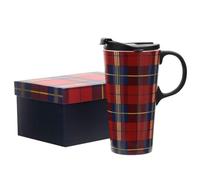 Topadorn Ceramic Travel Mug Coffee Cup with Sealed Lid Tall Mugs Gift Box for Holiday, 17oz Large Capacity Mug Home Office Gift, Red Plaid