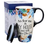 Topadorn Ceramic Travel Mug Latte Mug with Spill Proof Lid and Matching Gift Box,17oz. As for Me & My House We Will Serve the Lord
