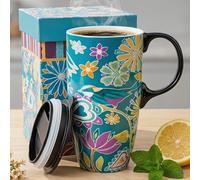 Topadorn Ceramic Travel Mug with Lid 17oz, Black Flowers