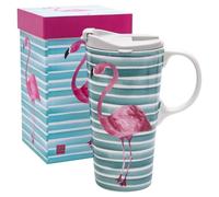 Topadorn Ceramic Travel Mug with Lid 17oz - Microwave & Dishwasher Safe, Spill-Resistant for Coffee Tea Hot Chocolate - Flamingo