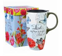 Topadorn Ceramic Travel Mug with Lid 17oz - Microwave & Dishwasher Safe, Spill-Resistant for Coffee Tea Hot Chocolate - Butterfly and Flower