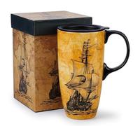 Topadorn Ceramic Travel Mug with Lid, 17oz Vintage Sailing Ship Cup