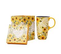 Topadorn Ceramic Travel Mug with Lid and Handle for Coffee Lovers Ceramic Coffee Mug Latte Teacup Milk Mug in Color Box 17 Oz, Yellow Flowers