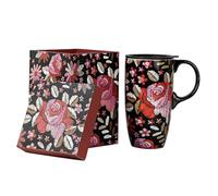 Topadorn Ceramic Travel Mug with Lid and Handle Gift for Coffee Lovers, 17 Oz Large Ceramic Coffee Mug Latte Teacup Milk Mug in Color Box, Red Flowers
