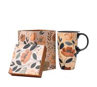 Topadorn Ceramic Travel Mug with Lid and Handle Gift for Coffee Lovers Coffee Mug Latte Teacup Ceramic Milk Mug in Color Box 17 Oz, Green Leaves and Flowers