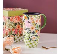Topadorn Ceramic Travel Mug with Lid and Handle - Large Capacity 17 Oz Coffee Cup, Latte Teacup, Milk Mug - Gift for Coffee Lovers in Color Box - Green Flowers