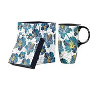 Topadorn Ceramic Travel Mug with Lid and Handle, Microwave & Dishwasher Safe, 17 Oz Unique Coffee Mug for Latte & Hot Chocolate, Yellow & Blue Flowers