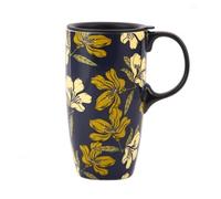 Topadorn Ceramic Travel Mug with Lid and Handle Tall Coffee Cup for Home, Party and Birthday, 17oz. Yellow Flower