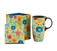 Topadorn Ceramic Travel Mug with Lid Coffee Mug with Gift Box Latte Mug Coffee Cup, 17oz Large Capacity Mug Home Office Gift, Microwave & Dishwasher Safe, Spring Garden