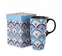 Topadorn Ceramic Travel Mug with Spill-Resistant Lid, 17oz / 500ml Retro Feather Geometric Pattern Tall Coffee Mug, Matching Printed Gift Box for Home, Office or Decor Gift