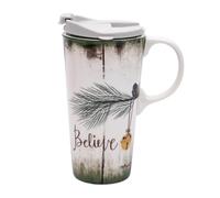 Topadorn Christmas Ceramic Mug Coffee Cup with Sealed Lid Tall Mugs Gift Box for Holiday, Microwave & Dishwasher Safe, 17oz Unique Coffee Mug for Latte & Hot Chocolate(Pine Branch & Believe)