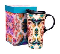 Topadorn Marbled Abstract Art Ceramic Travel Mug with Flip Spill-Resistant Lid, 17oz / 500ml Tall Coffee Cup, Matching Decorative Gift Box for Home, Office or Holiday Gifting