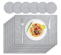 TOPAHGOD Faux Leather Placemats and CoastersSet of 6, Square Non-Slip Heat Resistant Indoor and Outdoor place mats, Dual Sided Washable Table Mats and Coasters Set of 6 for Kitchen and Dining (Silver)