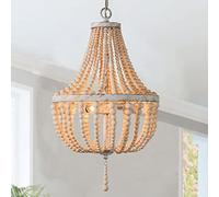 Topaluce 3-Lights Wood Bead Chandelier Boho Light Fixture,Antique Rustic Metal White Oak Beaded Chandelier Kitchen Island Pendant Lighting for Dining Room,Bedroom,Entryway,Foyer
