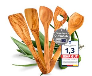 TOPANBIETER 999 Olive Wood Kitchen Utensil Set Salad Servers Honey Spoon Salt or Pepper Mill (Cooking Spoon/Turner Set of 5)