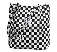 TOPASION Cute Corduroy Tote Bag Canvas Shoulder Handbags for Women Travel Shopping, Black & White Squares, L