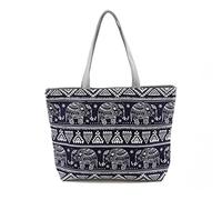 TOPASION Initial Canvas Tote Bag with Zipper Inner Pocket, Reusable Grocery Shoulder Bag, Beach Bag Shopping Bag for Women, Blue Elephant, L