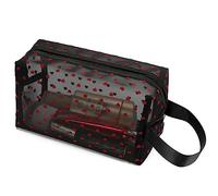 TOPASION Portable Mesh Makeup Bag with Zipper Small Travel Toiletry Bag Lightweight Cosmetic Pouch, Black&Red Heart with Handle, Small Fresh Art
