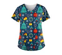 Topassion Christmas Scrubs Uniforms for Women V Neck Short Sleeve Uniform Cartoon Lightweight Beauty Uniform Plus Size Healthcare Dental Workwear Holiday Healthcare Work Shirt UK