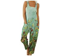 Topassion Jumpsuit for Women UK, Short Sleeve V-Neck Printed Pocket Jumpsuit Women's Retro Dungarees Strap Overalls Women's Playsuit Ribbed Knit Jumpsuit Oversized Jumpsuit