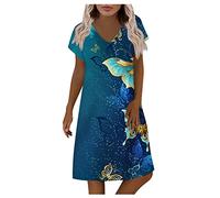 Topassion Midi Dresses for Women UK Dress Wedding Guest Summer Women Casual Plus Size Print V Neck High Low Hem Flared a Line Dress Beach Dress Cocktail Party Dress,Dark Blue,M