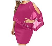 Topassion Prom Dress Beach Dresses for Women 2023 Women's Elegant Hollow Out Lace Sleeve Ladies Casual V Neck Short Sleeve Funeral Cocktail Dresses Long Midi Dresses,Hot Pink,M