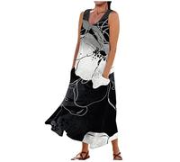 Topassion Summer Dresses for Women UK Long Maxi Dresses Cotton Linen Casual Oversized Tunic Dress Sleeveless Tankdress with Pockets Floral A-Line Dress Baggy Sundress Vacation Daily Party Dresses