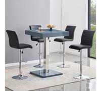 topaz glass grey gloss bar table with 4 ripple black stools