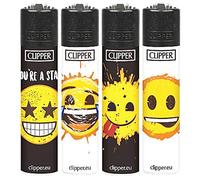 TopBargainsForYou - Set of 4 Clipper Lighters, Various Assorted Designs, Regular Size Slogan Herb Leaf Weed Leaves Refillable Gas Lighter (Emoji)