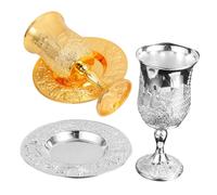 TOPBATHY 2 Sets Metal Judaica Wine Goblets with Tray Embossed Shabbat Havdalah Chalices Reusable Footed Cups for Jewish Holiday Wedding Table Decoration Passover Rituals