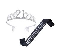 TOPBATHY 21St Birthday Rhinestone Crown Hair Comb and Crystal Party Sash Set, Decorative Etiquette Belt for Birthday Girl Celebration Accessories